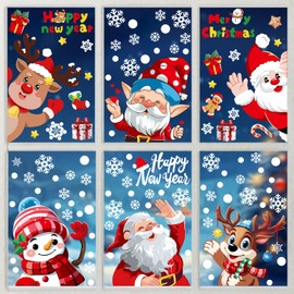 123 Pcs Christmas Window Clings Xmas Decals Stickers Decor with Snowflake Santa Claus Reindeer for Holiday Party Window Glass Decoration, 6 Sheet