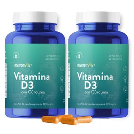 Liv Nutrition | Vitamina D3 Suplemento alimenticio a base de Cúrcuma, Vitamina D3 y Estearato de magnesio con 60 Cápsulas de 400 mg | Pack 2 frascos con 30 capsulas cada uno | 2 meses de rendimiento | 100% Natural, Vegano y Sin gluten | Suplemento Alimenticio