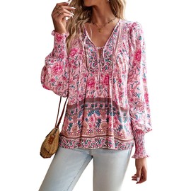 PHLCEhot Women Long Sleeve Tunic Tops Floral Boho Loose Chiffon Pullover Blouse Pink