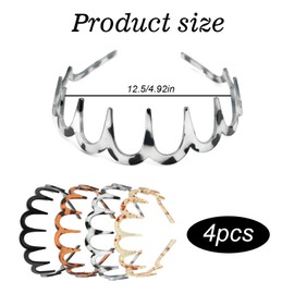 4 Pcs Plastic 90s Zig Zag Headband, Adjustable Wavy Headband, Non-Slip Shark Tooth Hair Ban for Women and Girls Daily Styling, Sports, Accessories (Black, Beige, Amber, Tortoiseshell)