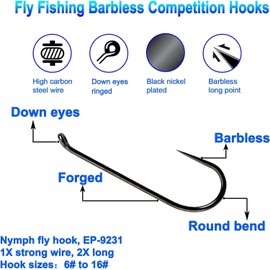 Eupheng Plus Best Barbless Fishing Hooks Competition Fishing Hook Combo Dry Nymph Strimp&Pupa Pupa jig Fly Hooks with Free Mini Fly Box (150PCS 9231 Hooks Combo)