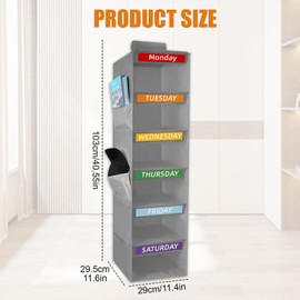 Yuuchoringee 6-Shelf Weekly Clothes Organizer for Kids Days of The Week Hanging Storage Shelves Dorm Room Essential Daily Shelf Hanging Closet Organizer with 6 Side Pockets(Grey)