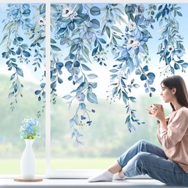 wondever Window Sticker Hanging Vine Blue Window Sticker Flowers Plants Leaves Window Stickers Anti-Collision Double-Sided Glass Sticker Glass Decoration