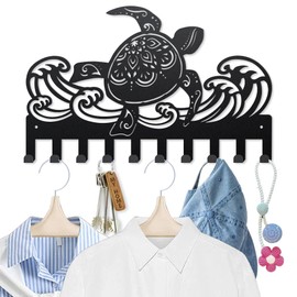 MAYJOYDIY Mandala Turtle Metal Coat Hooks Wall Mount 15.7×9.8inch Sea Waves Key Hook Rack with 10 Hooks Ocean Animal Black Art Key Holder for Coats Hats Towels Bags Keys Hanging