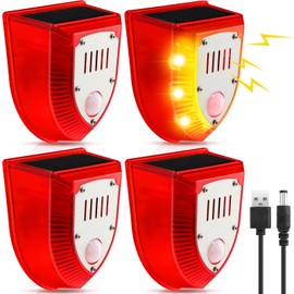 Qualirey 4 Pcs Solar Alarm Motion Detector with Sound Outdoor Motion Sensor 129db Barking Dog Strobe Light Gunshot Sound Alarm Detector Noise Maker Warning Lamp for Home Villa Yard Farm