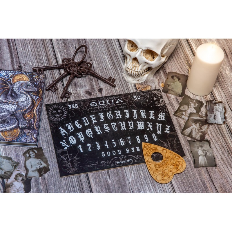 WICCSTAR Wooden black Ouija board game with planchette and detailed