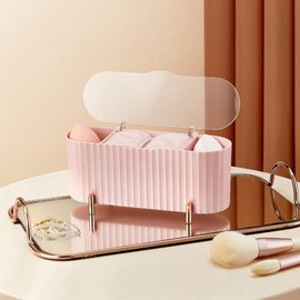 Rikmody Makeup Organiser Storage Containers, ABS Qtip Holder, 3 Compartments Cotton Pad Holder Jars with Lid, Desktop Make Up Storage for Cotton Buds,Cotton Swab, Cotton Tips,Beauty Eggs (Pink)