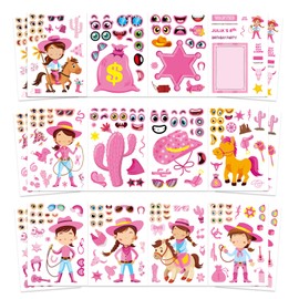 24 Sheets Cowboy Cowgirl Stickers for Kids, Country Western Cowgirl Make a Face Sticker, Make Your Own Stickers Sheets, Pink Cool Theme Art Craft Supplies