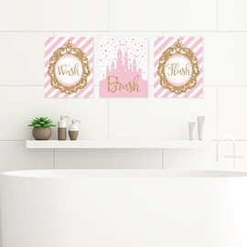 Big Dot of Happiness Little Princess Crown - Unframed Wash, Brush, Flush - Pink and Gold Princess Bathroom Wall Art - 8 x 10 inches - Set of 3 Prints