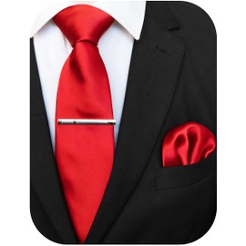 JEMYGINS Men's Satin Tie Set Tie & Pocket Square & Tie Clip, Red 2