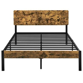 YAHEETECH Queen Size Vintage Style Metal Bed Frame with Wooden Headboard/Mattress Foundation/No Box Spring Needed/Under Bed Storage/Strong Slat Support