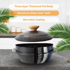 Bobikuke Cast Aluminum Pot with Lid, 7 in Non-Stick Casserole Dish Korean Stone Bowl Induction Compatible, Black