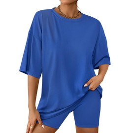 AUTOMET Womens 2 Piece Sets Summer Outfits 2025 Two Piece Lounge Set Matching Clothing Oversized Tshirts Biker Short Fashion Blue M