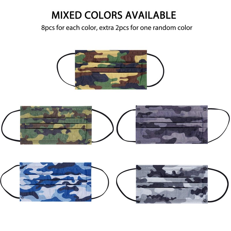 NUÜR 50pcs Camouflage 3 Ply Disposable Face Mask, Mask with