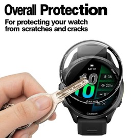 Watch Screen Protector +Watch Case Cover for Garmin Forerunner 570 42mm, [3-PCS] 3D Tempered Glass Film & TPU Bumper, Anti-Scratch, Bubble-Free, HD Clear, Shockproof Protection (Black)