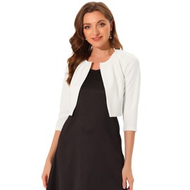 Allegra K Collarless Pleated Shrug Top for Women's 3/4 Sleeve Shrug Open Front Crop Cardigan White L