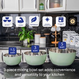 WHYSKO® Stainless Steel Mixing Bowls (Set of 3) with Non-Slip Silicone Base for Kitchen, Dishwasher Safe Bowls for Meal Prep, Cooking, Baking, Serving, Food Storage (Khaki Green)