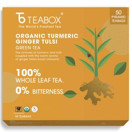 Teabox Premium Organic Green Tea With Turmeric, Ginger & Tulsi | 100% Whole Leaf | 0% Bitterness | USDA ORGANIC | 50 Tea Bags