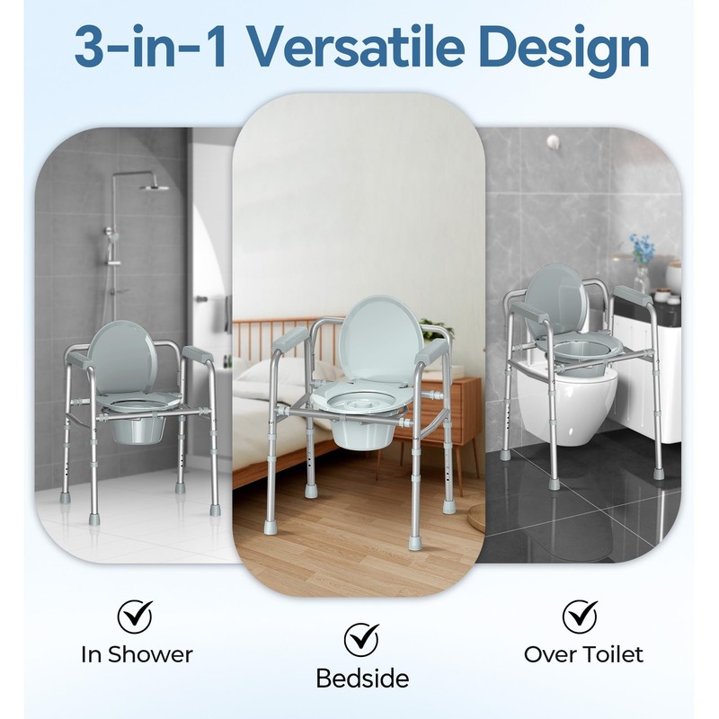 HOMLAND 3-in-1 Bedside Commode with Sturdy Dual-Crossbar Support Construction, Stable
