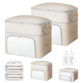 DIMJ Compression Duvet Storage Bags - 2 Pack 200L Self No Pump Compress Bags Bedding Box with Clear Front-Opening Window Dual Handles and Labels for Flat Dorms Travel Moving, Blankets,Beige