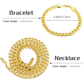 Fewlew Chain Necklace Gold/Silver, Gold Curb Chains for Men, Chain Necklace+Bracelet, Gold Plated Chain Set, Cuban Chain Necklace, Gold Cuban Link Necklace, Hip Hop Chain Men Gold/Silver (Gold)