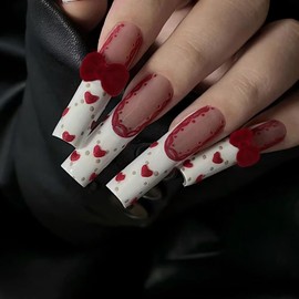 BABALAL Valentines Press on Nails Long Square Fake Nails White French Tip Glue on Nails Red Heart Acrylic Nails Fluffy Velvet Bow Charm Cute False Nails 24Pcs Manicure Stick on Nails Squoval Gel Nails