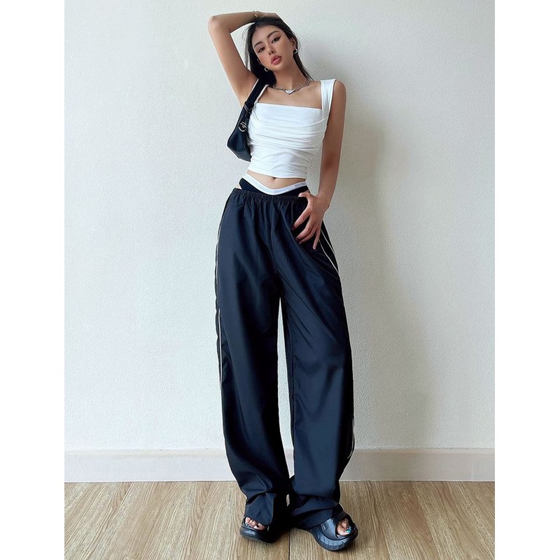 Springrain Womens Wide Leg Track Pants Slouchy Stripe Detail Jogger