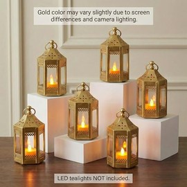 Vela Lanterns Mini farolillos marroquíes de Metal pequeños de 4,5 Pulgadas, portavelas Decorativo para centros de Mesa, decoración del hogar, Bodas, Dorado, Juego de 6