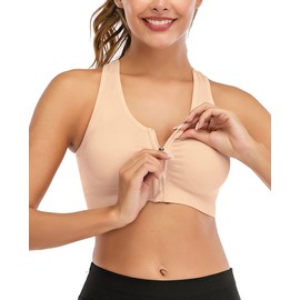 FLORATA Women's Sports Bra Wireless Post Surgery Bra Zip Front with Removable Pads Yoga Bra for Workout Fitness Beige