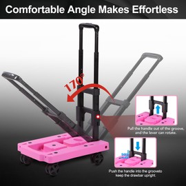 GtIiFmTe Folding Hand Truck Lightweight Hand Truck Dolly Foldable Luggage cart with 4 Rotate Wheels,Utility Cart with Adjustable Handle,Collapsible Dolly for Moving Travel Office-Pink