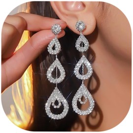 Supra Diamanto Rhinestone Tassel Earrings for Women Sparkly Prom Dangle Earrings Long Chandelier Bling Crystal Drop Statement Earrings Wedding Party Prom Dress Jewerly Gifts, Medium, Copper, Cubic