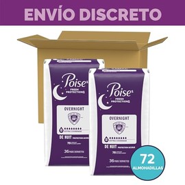 Poise Toallas Nocturnas para Incontinencia y Posparto para Fugas de Vejiga, 8 Gotas de Cobertura Extra, 72 Unidades (2 Paquetes de 36), El Embalaje Pu