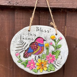 Darthome Cement Hanging Plaque Bless This Home Pink Bird Floral Garden Wall Decor Sign 20cm