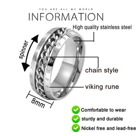 Nanafast Spinner Rings for Men, 8mm Stainless Steel Chain Ring for Men Women, Fidget Ring for Anxiety, Viking Rings-Unique Chain Ring Viking Rune Rings Jewelry Gift-Silver9