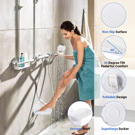 Minicoco Shower Foot Rest for Shaving Legs No Drilling & Reusable Anti Slip Shower Pedal Shower Step with Powerful Suction Cup Load Capacity 220 Pounds Pregnant Woman and Back Pain Sufferers