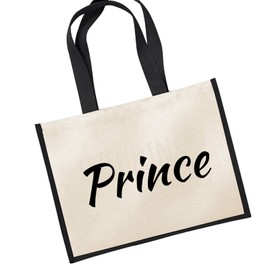 Huuraa Jute Bag Prince Lettering Carry Bag Black Size 21 Litres with Motif for All Princes Gift Idea for Friends and Family, multicoloured