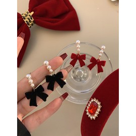 Pearls Bow Earrings for Women Exquisite Red Black Velvet Earring for Brides Women Teen Girls Birthday Christmas Special Day Gifts