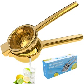 WZKALY Lemon Squeezer Stainless Steel - Heavy Duty Solid Metal Squeezer Bowl - Large Manual Citrus Press Juicer and Lime Squeezer - 2 in 1 hand Juicer - Store Juice -No Splashing-Gold