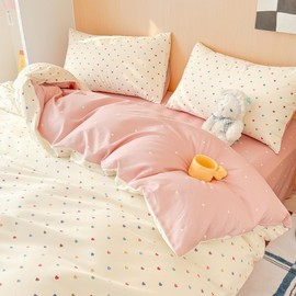 Nayoroom Bed Linen 135 x 200 cm Cotton Colourful Hearts White Duvet Cover 2-Piece Set Aesthetic Cute Hearts Clean Girl Bed Linen Set and Pillowcase 80 x 80 cm with Zip