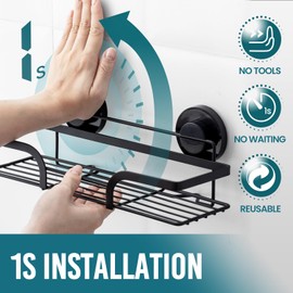 TAILI Shower Caddy Suction Cup 2 Pack Shower Shelves Suction Heavy Duty Bathroom Shower Organiser No Drilling Shower Shelves for Indoor Shower Stainless Steel Black