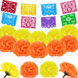 74 Piezas Flor de Caléndula Artificial Banderines Mexicanos Decoración para Fiestas Mexicanas Banderín de Papel Picado de Plástico Decoración de Día de los Muertos (Naranja, Amarillo)