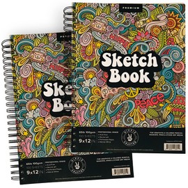 Marker Sketch Book Pack, 9 x 12 Inches Spiral-Bound Sketchpad, 2 Pads, 100 Sheets, 65lb Paper for Drawing and Markers, Ideal for Adults and Artists