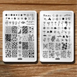 Flowers Leaf Nail Stamping Plates 2pcs Large Nail Stamper Plate Daisy Flower Flamingo Butterfly Image Stamp Templates Reusable Stencils Clover Plantillas Manicure Stamping Plate Template for Girls