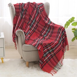 Beskie Chenille Throw Blanket for Sofa Couch Bed Travel | Red Black Tartan Plaid Pattern Check Home Decor Decorative Throw Blankets | Warm Cozy Christmas Blanket with Ruffles| 50" x 60"