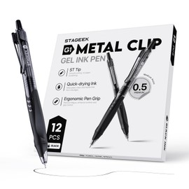 STAGEEK Gel Ink Ballpoint Pen, 12-Pack, Black Ink, Click-Type, Quick-Drying Ink, Metal Clip, Soft Grip | Ideal for Office, School, Writing, Notes, Journals
