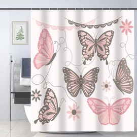 JOOCAR Design Shower Curtain, Blue Pink and Grey Butterfly Collections Silhouette Flower Lace, Waterproof Cloth Fabric Bathroom Decor Set with Hooks