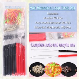 Hair Extension Loop Tools Set, 20 Pieces Pulling Needles with Beads, Black and Red Loop Threader for Hair or Feather Extensions