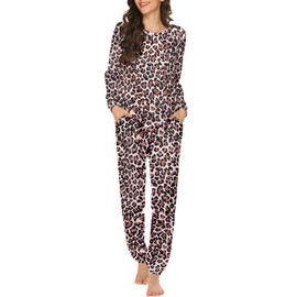 Ekouaer Womens Basic Leopard Print Pajamas Long Sleeve Loungewear Two-Piece Sleepwear Crew Neck Pj Set