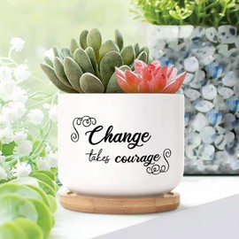DecStic Change Takes Courage Ceramic Planter Bible Verse Flower Pots for Indoor Plants with Drainage Holes and Saucers Pot for Home Office Desk Garden