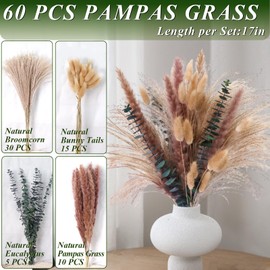 Dried Pampas Grass & Eucalyptus Decor, 100% Natural Bunny Tails Bouquet for Boho Table Centerpieces, 60PCS Olive Green Wall & Floor Arrangements, Fall Home Styling